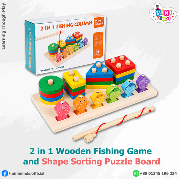 2 in 1 Wooden Fishing Game and Shape Sorting Puzzle Board 2 in 1 Wooden Fishing Game & Shape Sorting Puzzle Board - Image 1